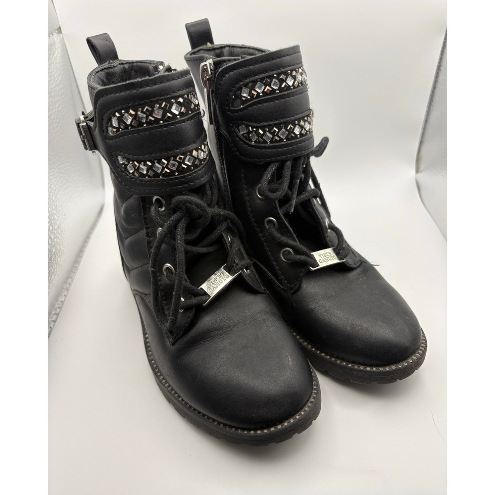 Vince Camuto Kids Black Rhinestone Wing Combat Boots Side Zip Lug Sole Size 10